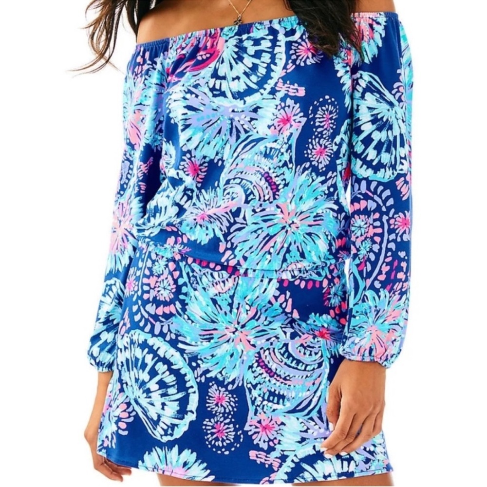 Lilly Pulitzer Blue and Pink Off-Shoulder Romper